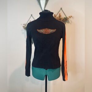 100% Cotton Harley-Davidson Embroidered Black Turtleneck with Orange Sleeves